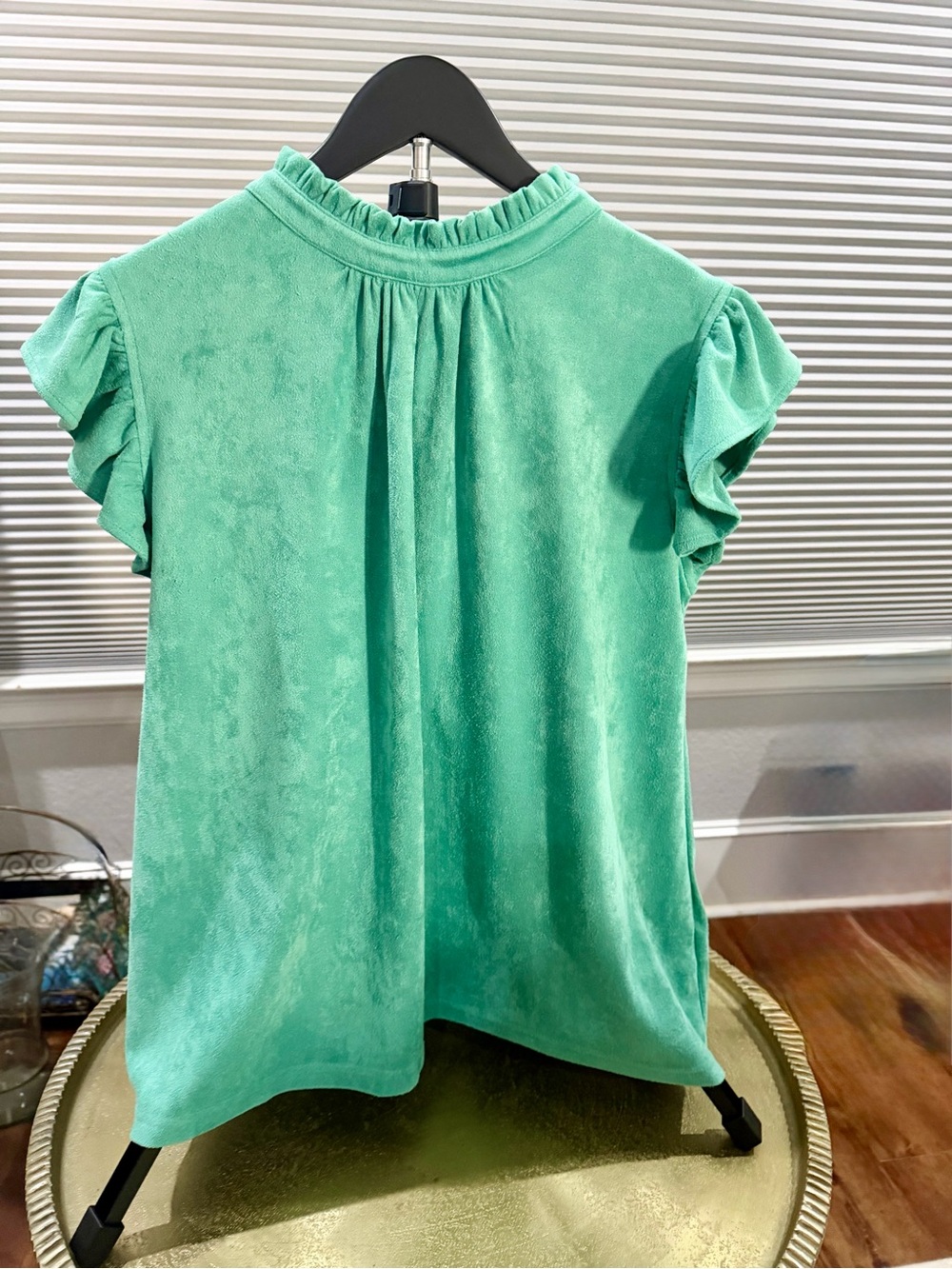 Women’s Mint Green Ruffle Sleeve Faux Suede Top With Tie Neck